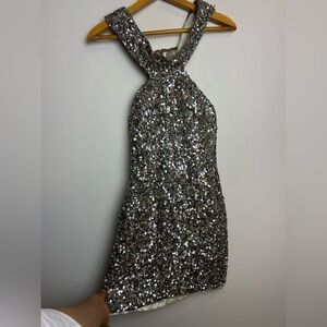 VTG Y2K Scala 100% Silk Mini Dress Women 4 Beaded full sequins Hoco Homecoming